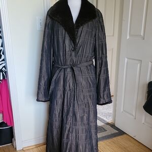 Brown Ghosted Striped Long Coat with Fur Collar, Cuffs And Removable Fur Lining